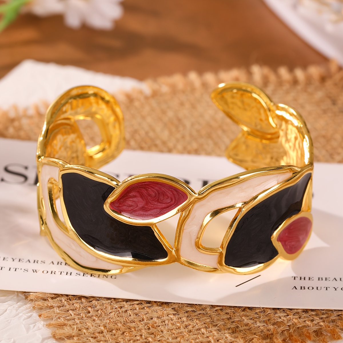 Irregular Color-Block Enamel Hammered Open Cuff Bracelet